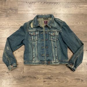 Women’s Medium Distressed Cropped Boom Boom Jeans Trucker Jacket